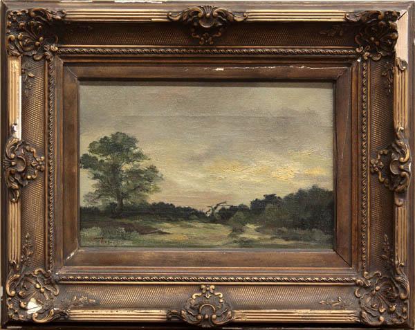 Painting, Antoon Markus, Landscape at Dusk: Framed oil on canvas, Landscape at Dusk, 1926, by Antoon Markus (Dutch, 1870-1955), signed and dated ''Markus 1926'' lower left, label affixed verso, sight: 7.5''h x 11.5''w, overall: 14.75''h x 18.75