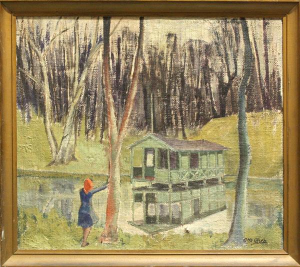 Painting, Otto Olsen, Cottage in the Woods: Framed oil on burlap, Cottage in the Woods, by Otto Olsen (Danish, 1905-1966), signed lower right, overall: 30.5''h x 34.5''w