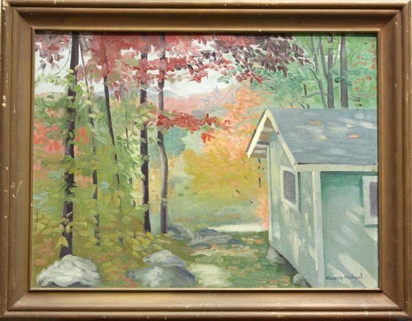 Painting, Gregory Michael, Ladnscape with House: Framed oil on canvas board, Landscape with House, by Gregory Michael (Massachusetts, 20th Century), signed lower right, overall: 22''h x 28.25''w