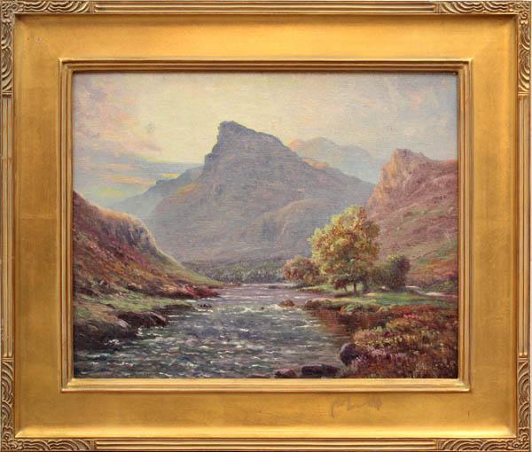 Painting, Landscape with River and Mountains: Framed oil on canvas board, Landscape with River and Mountains, 20th Century, American School, unsigned, sight: 15.5''h x 19.5''w, overall: 22.75''h x 26.5''w