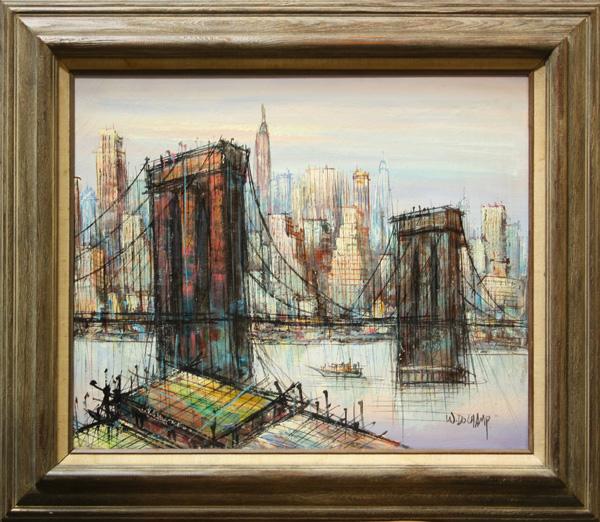 Painting, Dochamp, Brooklyn Bridge: Framed oil on canvas, Brooklyn Bridge, signed ''W. Duchamp'' lower right, mid-20th century, overall: 27.5''h x 32''w