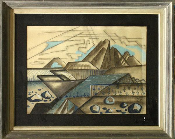 Mixed media, Hugo, Abstract Landscape: Framed mixed media on paper, Cubist Landscape, 1954, signed ''Hugo'' and dated lower right, overall: 27.25''h x 33.5''w