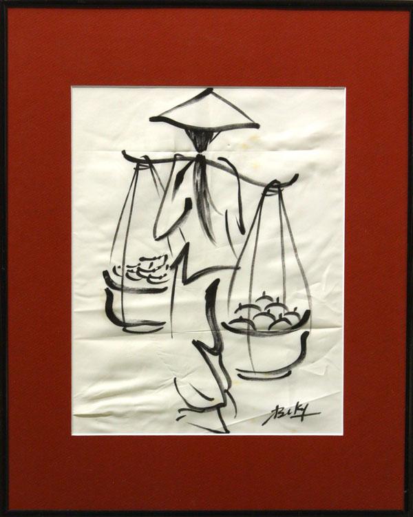 Ink, Be Ky< Vietnamese Woman Going to Market: Framed ink on fabric, Vietnamese Woman Going to the Market, by Be Ky (Vietnamese b. 1938), signed lower right, overall: 20.5''h x 16.25''w