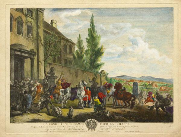 Engravings, Hunt, Jean Moyreau after Wouwermans: (lot of 2) Unframed handcolored engravings, ''Le Present du Chasseur'' and ''La Conduite des Dames pour la Chasse'' for the Duke of Chartres, c.1738, by Jean Moyreau (French, 1690-1762), after Philips
