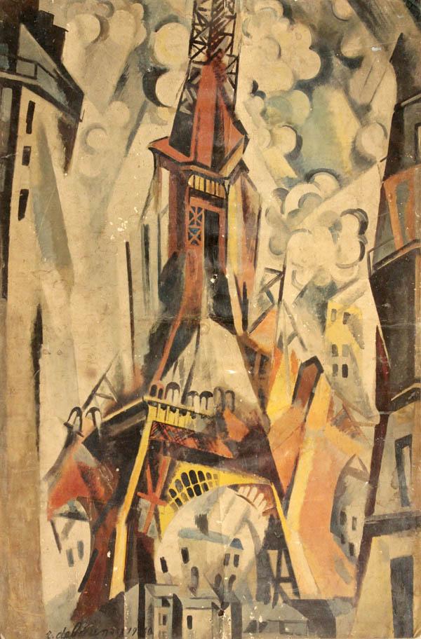 Print, after Robert Delaunay, City Scene: Unframed color lithograph, French Abstract City Scene, circa 1960, after Robert Delaunay (French 1885-1941), bears signature and date ''R. Delaunay 1910'' lower left, overall: 31.5''h x 20.875''w