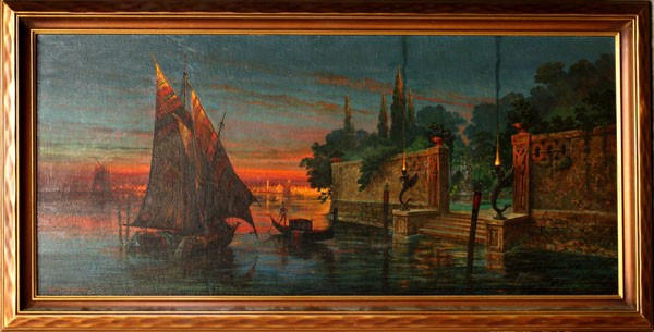Painting, Robert Sudderth, Venetian Scene: Framed oil on canvas, Venetian Scene at Dusk, 1937, by Robert E. Sudderth (California, Early 20th Century), signed and dated ''Robt.E. Sudderth '37'' lower left, sight: 19.5''h x 43.5''w, overall: 25'
