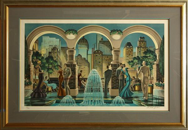 Serigraph, Michael Young, Skyline: Framed serigraph, ''Skyline,'' by Michael Young (American, Contemporary), signed lower right, numbered lower left, overall: 33.8''h x 48.5''w