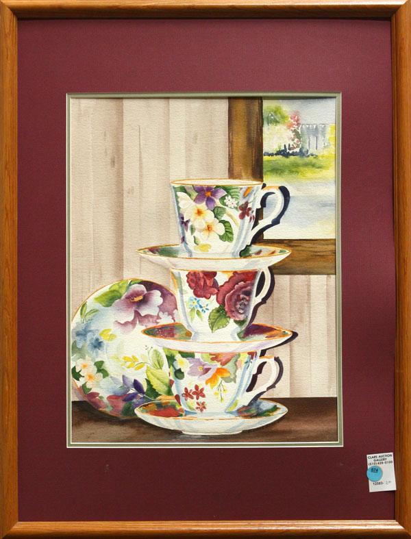 Watercolor, Connie Byrd, Stacked Teacups: Framed watercolor, Stacked Teacups, 2000, signed ''Connie Byrd'' lower right, overall: 25.5''h x 19.5''w