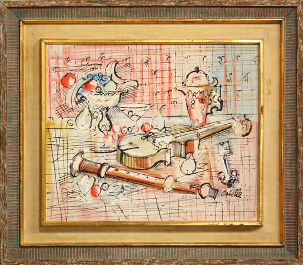 Painting, Charles Cobelle, Still Life with Fruit: Framed oil on masonite, Still Life with Fruit and Musical Instruments, by Charles Cobelle (American/French, 1902-1998), sighed ''Cobelle'' lower right, verall: 30''h x 34.25''w