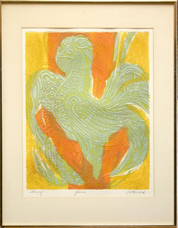 Print, Marjorie Tomchuk, Phoenix: Framed embossed print, ''Phoenix'', by Marjorie Tomchuk (b. 1933), pencil signed lower right, titled center, overall: 28.25''h x 22.25''w