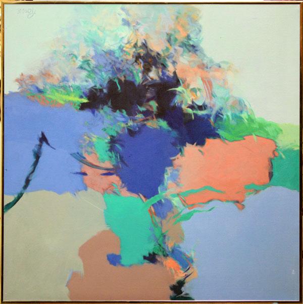Painting, Rowe, Abstract: Framed oil on canvas, Abstract Composition, 1983, signed ''Rowe'' lower right, signed and dated verso, overall: 30.25''h x 30.25''w