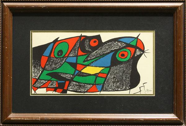Prints, Joan Miro, Esxulator, Abstract: (lot of 2) Framed color lithographs, ''Esculator'' and ''Abstract,'' circa 1950, after Joan Miro (Spanish/French, 1893-1983), labels affixed verso, largest overall: 17.125''h x 28.25''w