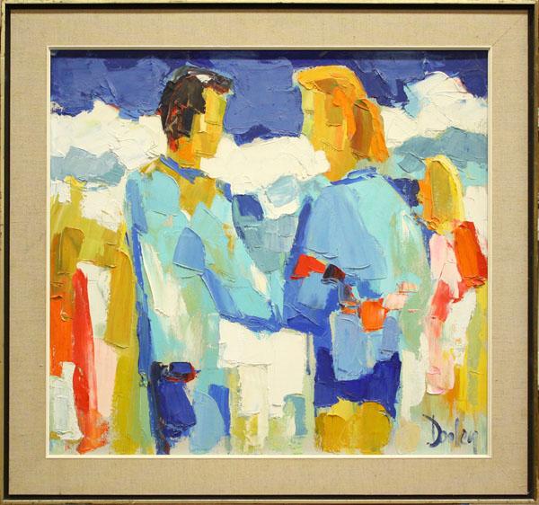 Painting, Helen Bertha Dooley, Beach Talk: Framed oil on canvas, ''Beach Talk'', by Helen Bertha Dooley (California, 1907-1994), signed lower right, signed and titled verso, overall: 31.5''h x 33.5''w