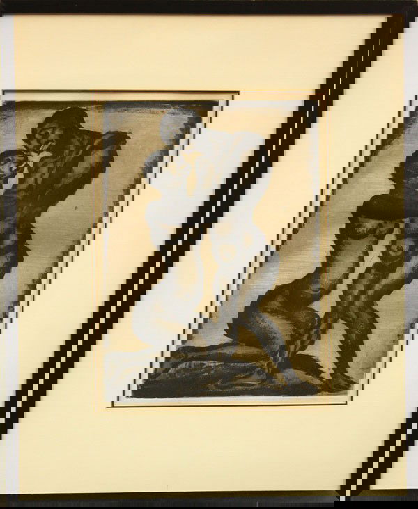 Print, George Rouault, Native Couple: Framed wood engraving, ''Native Couple - Pere Ubu Series'', 1928, by Georges Rouault (French, 1871-1958), plate initialed and dated ''GB 1928'' lower right, label affixed verso, sight: 12''h x 8.625''