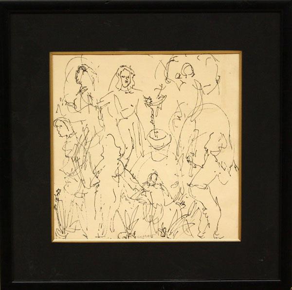 Drawing, Pascal Cucaro, Figure Sketches: Framed pen and ink drawing on paper, Figure Sketches, by Pascal Cucaro (California, 1915-2004), signed lower center, overall: 20''h x 20''w