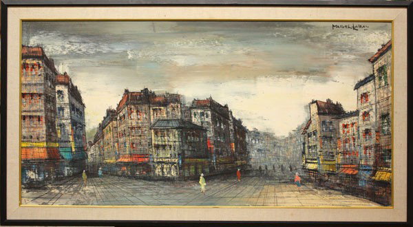 Painting, Modern Cityscape: Framed oil on canvas, Modern Cityscape, signed indistinctly upper right (Marcel Lapealu?), overall: 29''h x 53''w