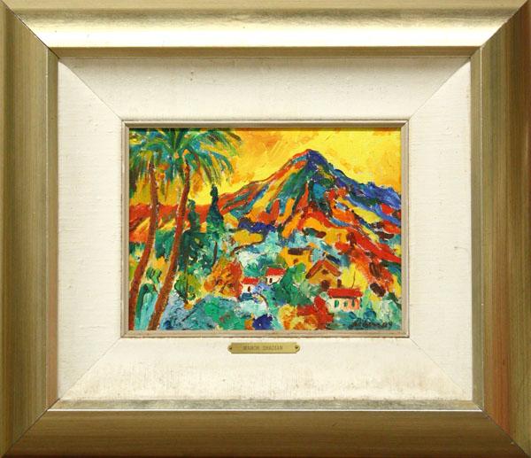 Painting, Manor Shadian: Framed oil on canvas, ''Olomana in Yellow,'' by Manor Shadian (California, b.1931), signed lower right, titled and inscribed verso, overall: 16.25''h x 18.625''w