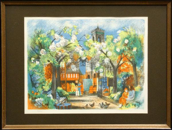 Litho, Hilda C Pope, View through Garden Gate: Framed color lithograph, View Through a Garden Gate, by Hilda Chancellor Pope (British, 1913-1976), signed in pencil ''H. Chancellor Pope'' lower right, overall: 18.75''h x 24.75''w