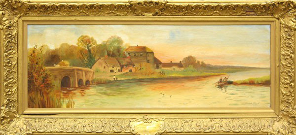 Painting, after Stuart Lloyd, Newton Abbot, Devon: Framed oil on canvas, '''Newton Abbot', Devon,'' after Stuart Lloyd (British, d.1929), signed ''Stuart Lloyd'' lower right, titled lower center of frame, sight: 10.5''h x 30.5''w, overall: 17''h x 37'