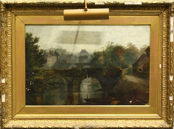 Painting, European Village with Stone Bridge: Framed oil on canvas, European Village with Stone Bridge, 19th century, Continental School, monogrammed lower right, overall: 24''h x 32''w