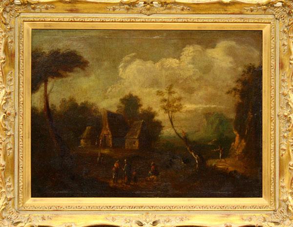 Painting, European Village Scene with Figures: Framed oil on canvas, European Village Scene with Figures, mid to late 19th century, Continental School, unsigned, overall: 25''h x 31.75''w
