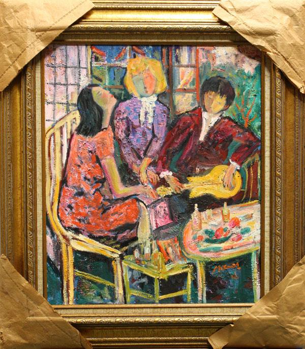 Painting, Manor Shadian, Two Man and Man Guitar: Framed mixed media on canvas, ''Two Women and a Man with Guitar,'' by Manor Shadian (California, b.1931), signed lower right, titled verso, overall: 32''h x 28''w