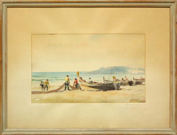 Watercolor, Manuel Tavares, Pescadores de Sesimbr: Framed watercolor on paper, ''Pescadores de Sesimbra,'' 1961, by Manuel Tavares (Portugese, 1911-1974), signed and dated lower right, titled lower right, overall: 21.25''h x 27.75''w