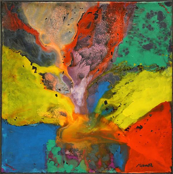 Mixed media, Manor Shadian, Double Sunburst: Framed mixed media on paper mounted to canvas, ''Double Sunburst,'' by Manor Shadian (California, b. 1931), signed lower right, signed and titled verso, overall: 37''h x 37''w
