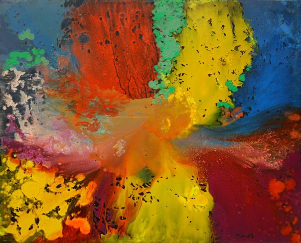 Painting, Manor Shadian, Chaos: Unframed mixed media on canvas, ''Chaos,'' by Manor Shadian (California, b. 1931), signed lower right, signed and titled verso, overall: 43''h x 53''w