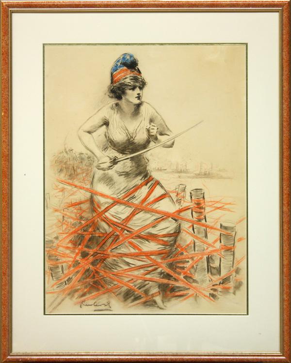 Charcoal, Raymond Moreau Crosby, Red Tape: Framed pastel and charcoal on paper, ''The Red Tape Entanglement,'' Raymond Moreau Crosby (American, 1876-1945), signed lower left, label affixed verso, overall: 36.5''h x 29.5''w