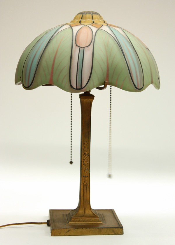 Pairpoint Reverse Painted Table Lamp: Pairpoint reverse painted table lamp, the shade with a tulip motif executed in multiple colors, rising on a patinated metal two socket base, shade unsigned, base signed Pairpoint Mfg. Co above the dia