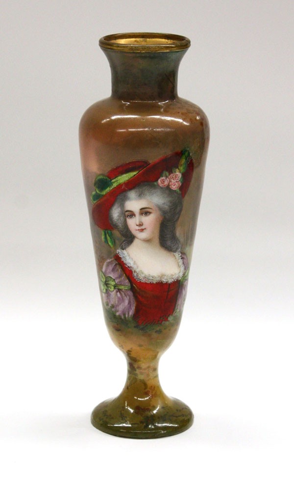 Enamel on copper vase: Enamel on copper vase decorated with a portrait of a beauty, the back with a landscape scene, artist signed H. Dorval, 7.75''h