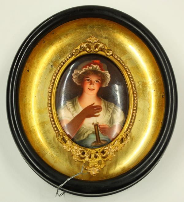 Painted porcelain plaque, signed Wagner: Framed painted porcelain plaque, ''Lisette'' signed Wagner at center, impressed verso with C. M. Hutschenreuther mark, titled and numbered 15 in red, plaque size 3.25''h, overall 6''h x 5.5''w Provena