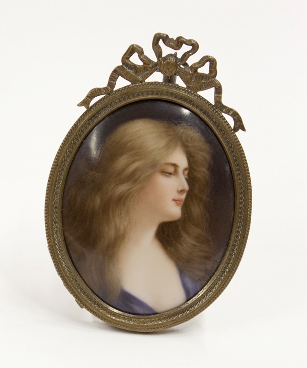 Portrait miniature Wagner: Framed hand painted portrait miniature on porcelain, depicting a young maiden in blue, signed lower right, Wagner, sight 3''h