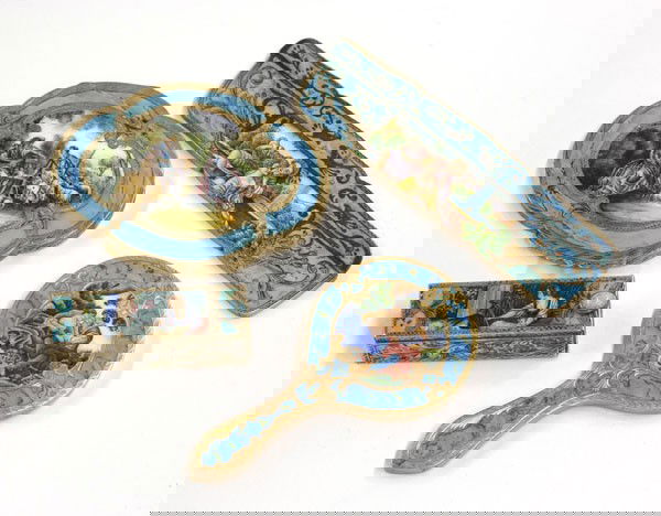 Enamel and turquoise dresser items: (lot of 4) Italian enamel and turquoise dresser items including an 800 gilt compact, an 800 gilt lipstick holder, comb and gilt hand mirror, largest 4.5''l