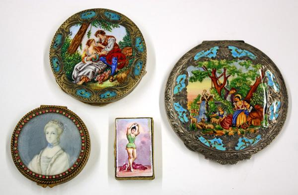 (lot of 4) Enamel dresser items: (lot of 4) Dresser items including two Viennese 800 sterling enamel compacts, a French portrait miniature pill box and a enameled pill box