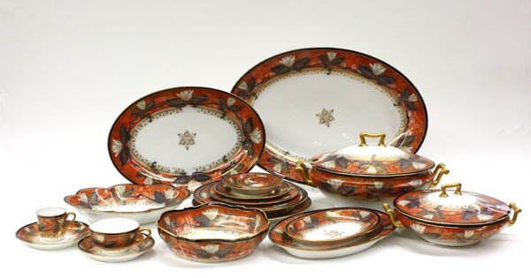 Limoges Haviland Table Service: (Lot of 121) Limoges Haviland table service, executed in the Asian taste, the polychrome decorated and gilt borders with entwined lotus flowers surrounding the gilt central medallion, consisting of el