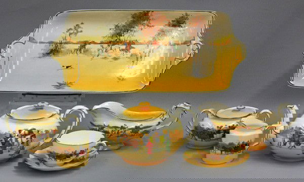 Royal Doulton table service: (lot of 82) Royal Doulton partial table service for twelve, the assembled set decorated with different equestrian scenes, consisting of dinners 10.5''w, salads 8'', eleven breads 7'', eight berry bowl