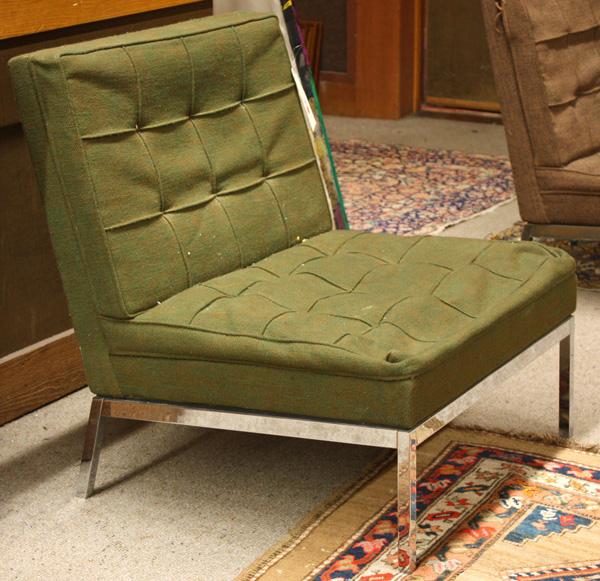 Florence Knoll # 65 lounge chair with chrome fram: Florence Knoll, for Knoll Associates, Inc., armless #65 lounge chair, upholstered in Knoll Arno fabric, green wool, raised on a chrome frame, 31.5''h x 28''w x 26''d