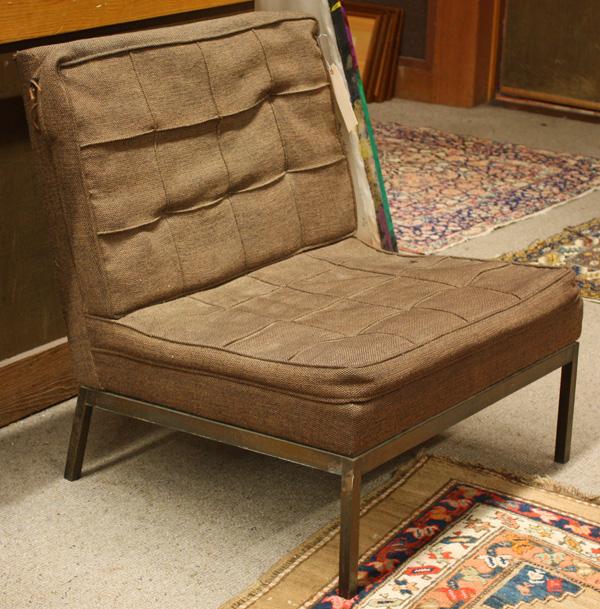Florence Knoll # 65 lounge chair with bronze fram: Florence Knoll, for Knoll Associates, Inc., armless #65 lounge chair, upholstered in Knoll Arno fabric, #H819/5 brown wool, raised on a oil rubbed bronze frame, , 31.5''h x 28''w x 26''d