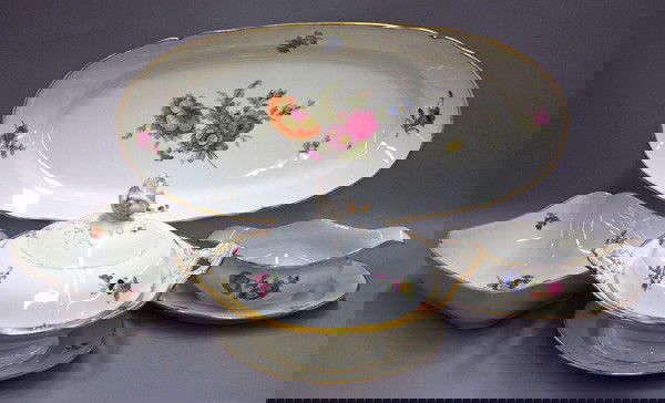 KPM Royal Porcelain of Berlin table service: (lot of 39) KPM Royal Porcelain of Berlin table service, circa 1916, the rim with gilt trim on a white ground, with a floral decoration, signed with underglaze blue scepter mark, some pieces marked wi