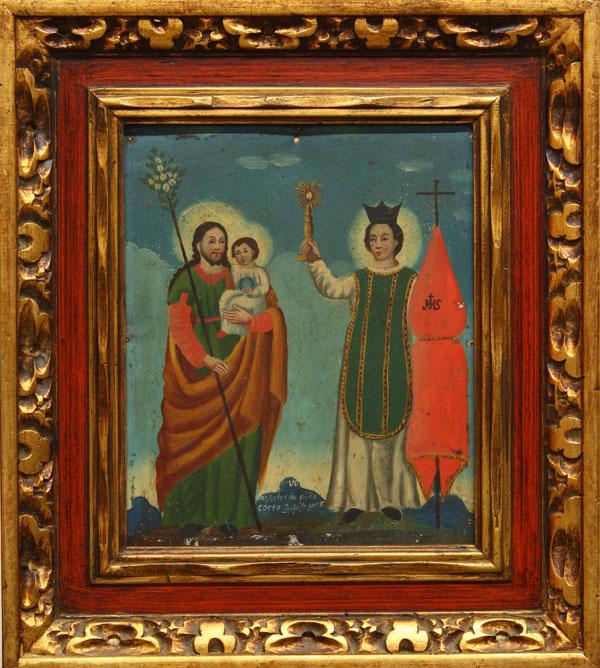 Painting, Religious Jesus with Baby and Saint: Framed oil on metal sheet, St. Joseph with Flowering Staff holding the Christ Child and a Saint with a Banner, unsigned, inscribed ''__ de Valeria pina costo 2.p. __'' lower center, sight: 11.625''h x