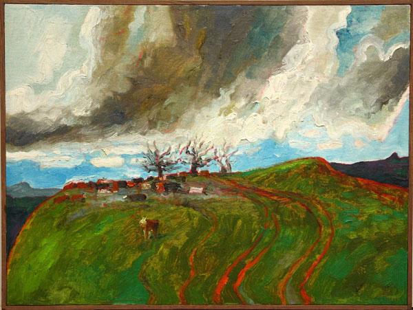 Painting, Lundy Siegriest, Storm on Oak Crossing: Framed oil on canvas, ''Storm on Oak Crossing,'' by Lundy Siegriest (Californian, 1925-1985), signed ''Lundy Siegriest'' lower right, titled, signed, and inscribed verso, sight: 17.875''h x 24.125''w,