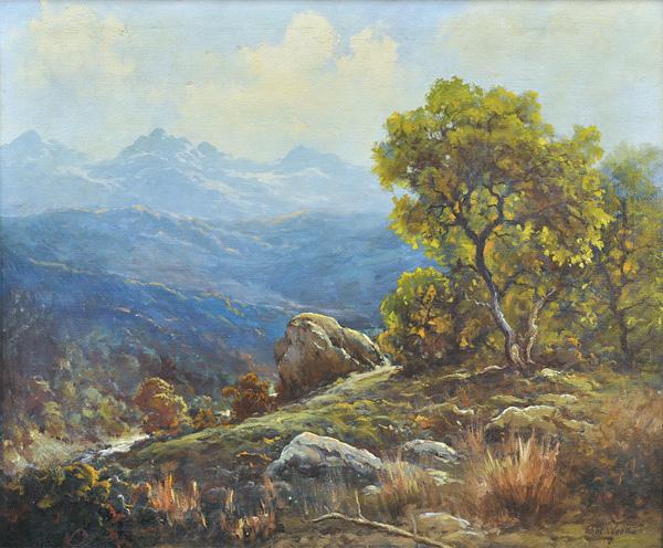 Painting, Robert Wood, Three Sisters, OR: Framed oil on canvas, ''Three Sisters, Cascades, Ore.,'' by Robert William Wood (Californian, 1889-1979), signed ''Robt. Wood'' lower right, titled verso, sight: 24.5''h x 29.25''w, overall: 30''h x 3
