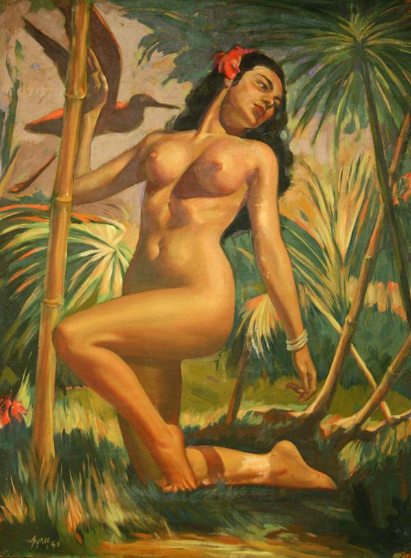 painting, Ralph Tyree, Nude: Unframed oil on Masonite, Polynesian Nude, 1951 by Ralph Tyree (American, 20th century), signed and dated ''Tyree '51'' lower left, overall: 48''h x 36''w