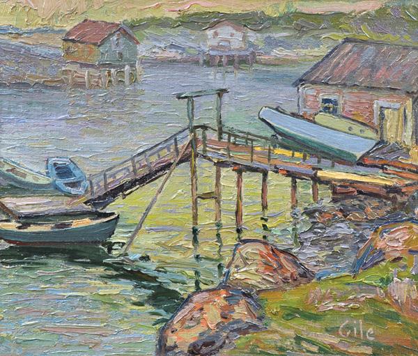 Painting, attributed to Selden Gile: Framed oil on canvasboard, Boats Moored at a Dock, Morning, attributed to Selden Connor Gile (Californian, 1877-1947), bears signature "Gile" lower right, sight: 11.5"h x 13.6"w, overall: 21.625"h x 2