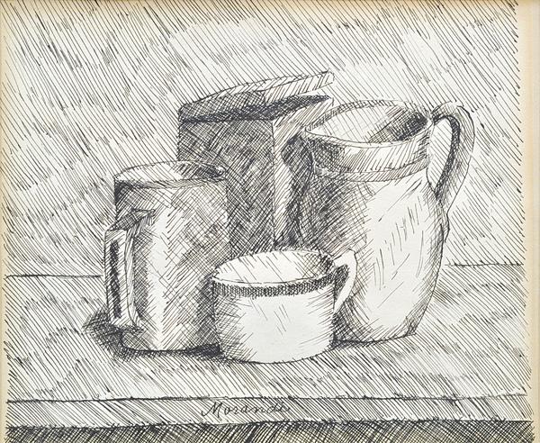 Drawing, Giorgio Morandi, Natura Morta: Framed pen and ink on paper, ''Natura Morta,'' by Giorgio Morandi (Italian, 1890-1964), signed in ink ''Morandi'' lower center, titled verso, label affixed verso, sight: 6.5''h x 7.5''w, overall: 15.7