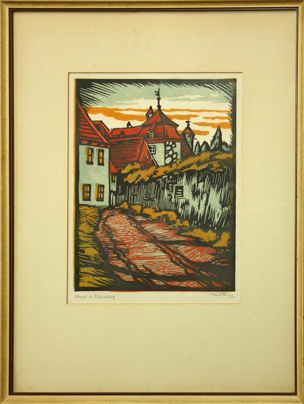 Print, William Seltzer Rice, Street in Rothenburg: Framed color woodcut, ''Street in Rothenburg,'' by William Seltzer Rice (American, 1873-1963), pencil signed ''WS Rice'' lower right, titled lower left, image: 9.75''h x 7.75''w, overall: 18.75''h x 1