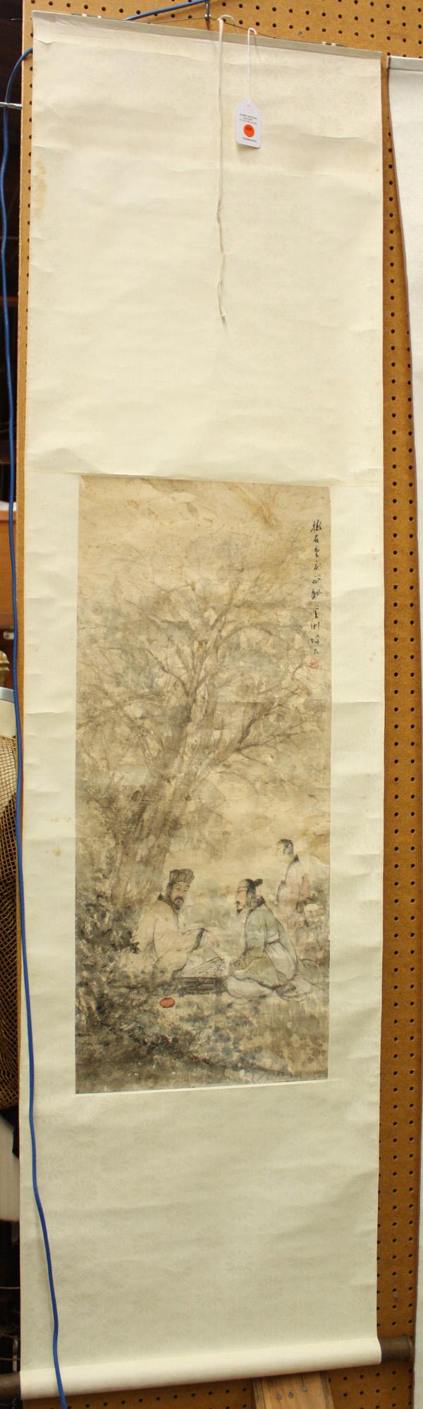 Chinese Scroll, Fu Baoshi: Chinese hanging scroll painting, Scholars Playing Chinese Chess Under a Tree, after Fu Baoshi (1904-1965), ink and color on paper, upper right bears signature 'Baoshi' at 'Chongqing xidu' along with f