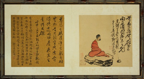Chinese Painting, Wu Changshuo (after): Framed Chinese double-page album leaf, Damo Seated in Meditation, after Wu Changshuo (1844-1927), upper right with colophon, with date 'Guangxu ding you liu yue' (=1987, 6th month), bears signature 'W